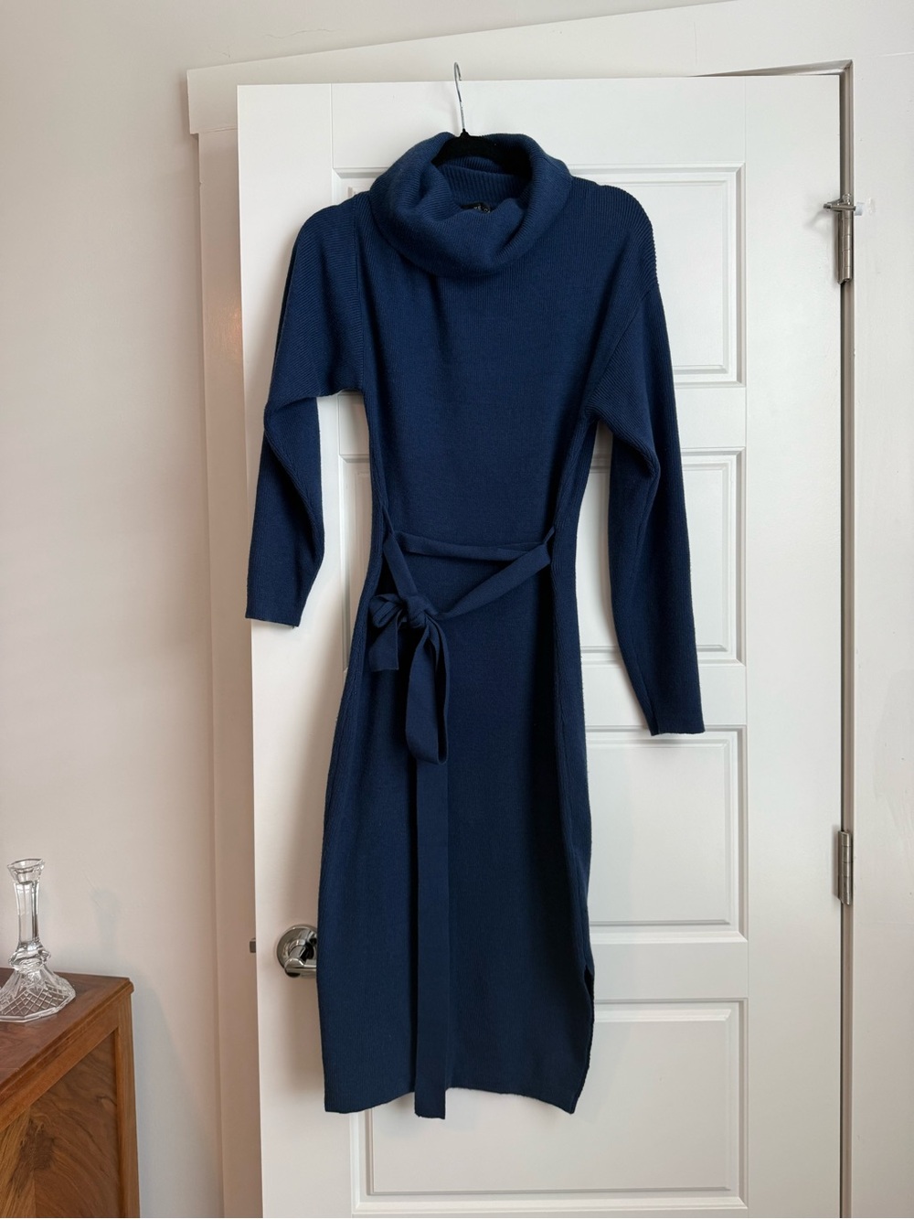 Navy Long-Sleeve Cowl Neck Knit Dress with Self-Tie Belt